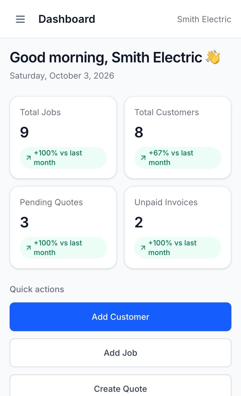 JobNook dashboard on a phone, showing job and customer totals and quick actions