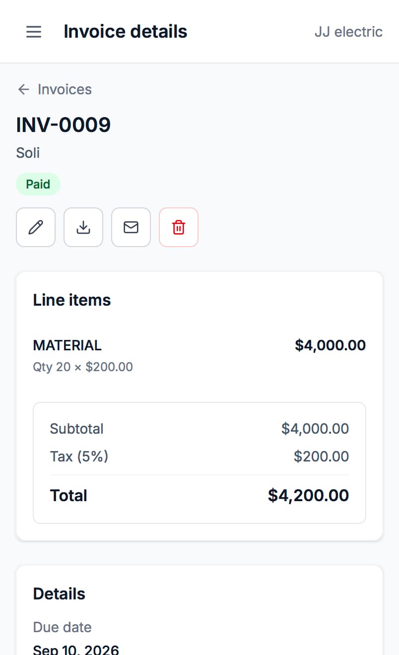 An invoice on a phone with edit, download, email, and delete actions