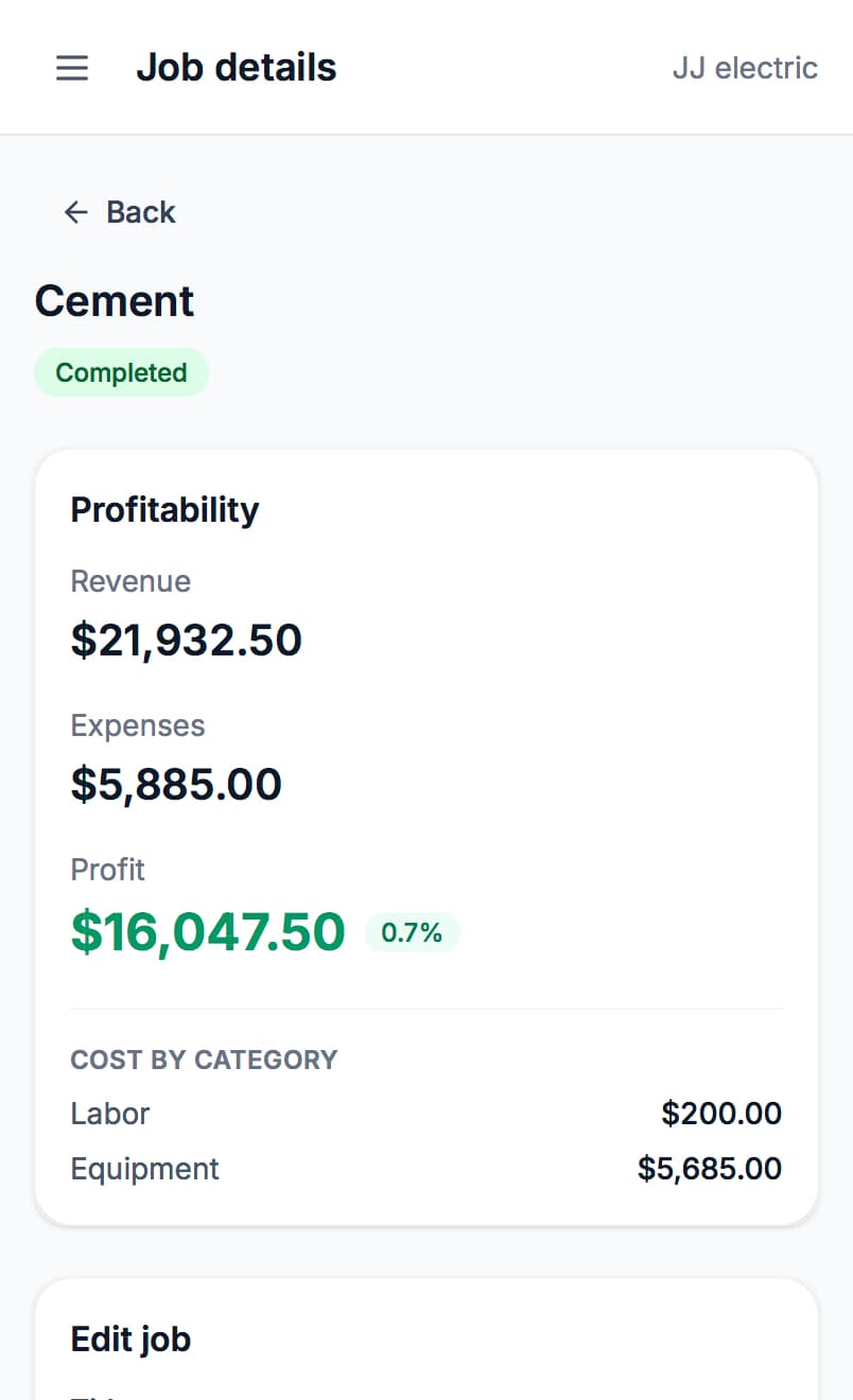 Job profitability on a phone, showing revenue, expenses, and profit for a job