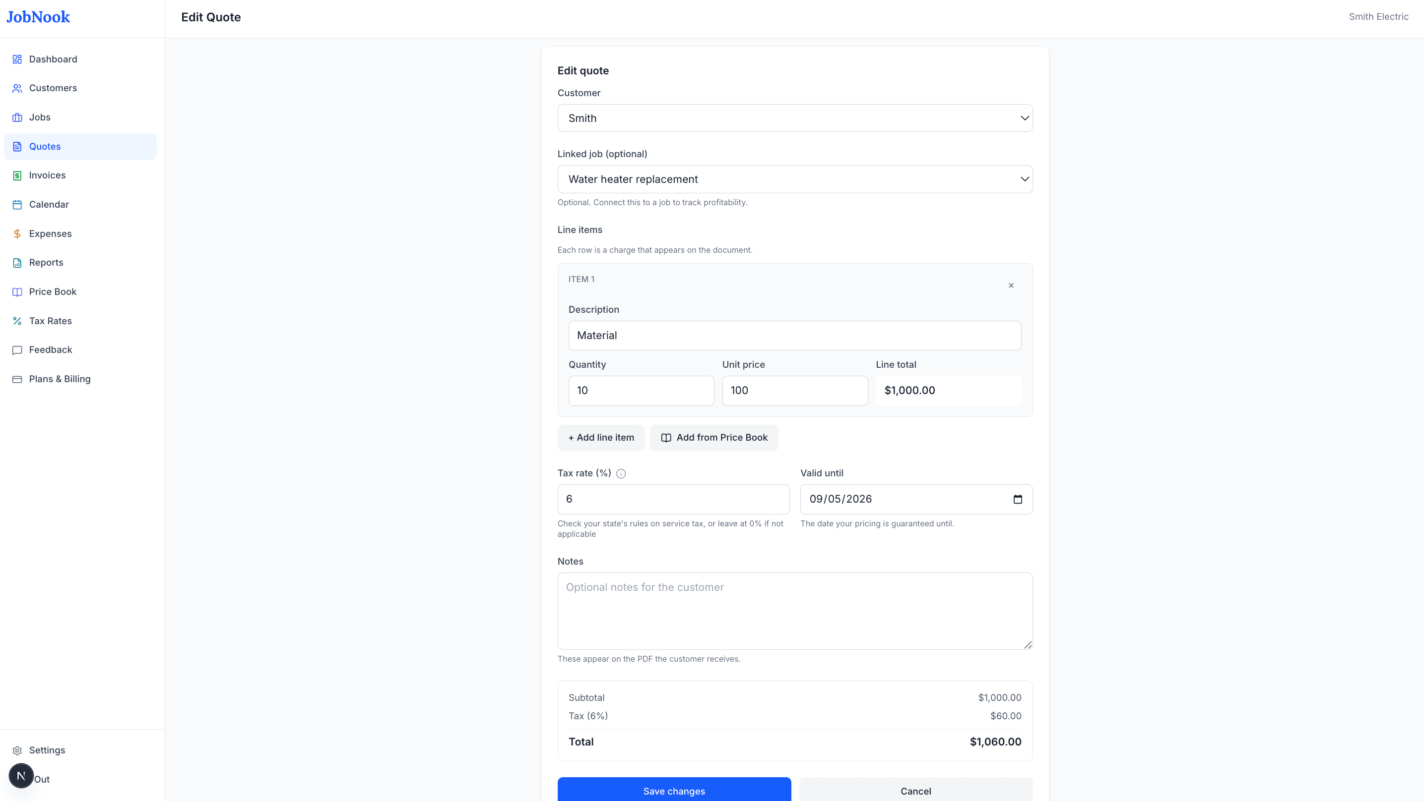 JobNook quote builder with line items, tax, and an automatic total